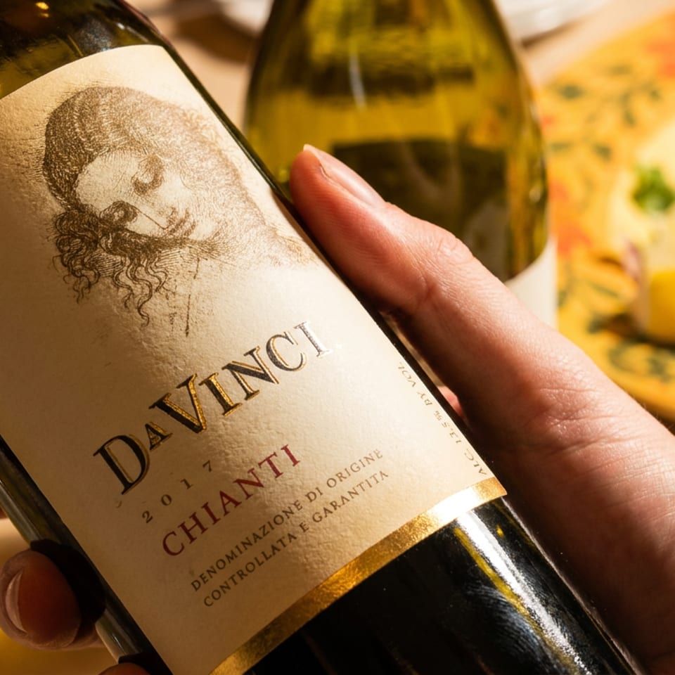 A hand holding a DaVinci Chianti wine bottle, with a yellow plate of lemons in the background.
