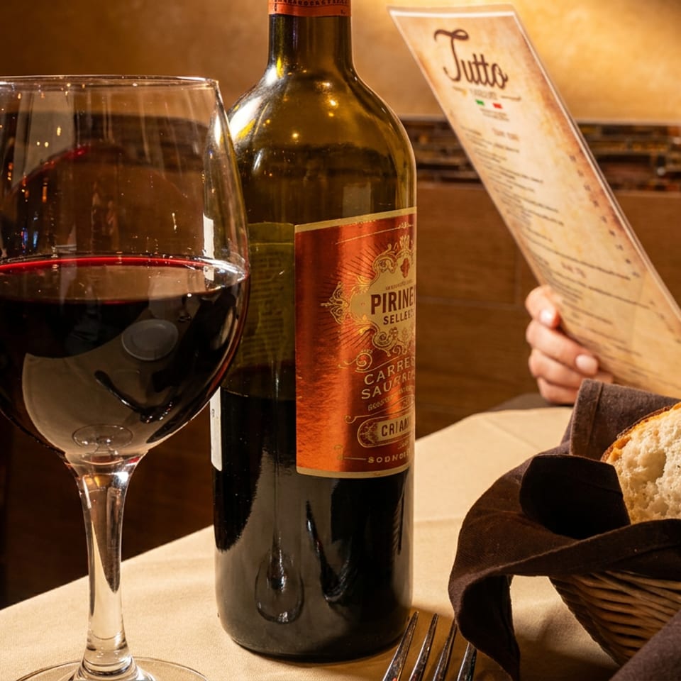 A glass of red wine and a bottle on a table with a person reading a menu.